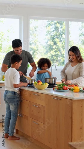Happy family cooking together in a bright, modern kitchen, creating healthy meals
