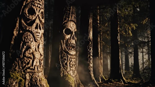 Dark forest with carved skulls on tree trunks and lantern