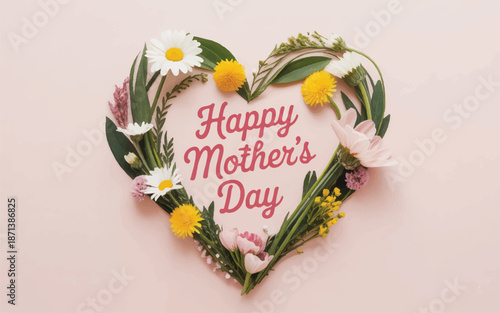 heartshaped floral arrangement with happy mothers day message on pink