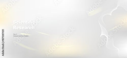 Futuristic scientific research background with white wireframe wave and dataset loading text. Clean medical technology banner concept featuring soft yellow light flares and digital data flow analysis