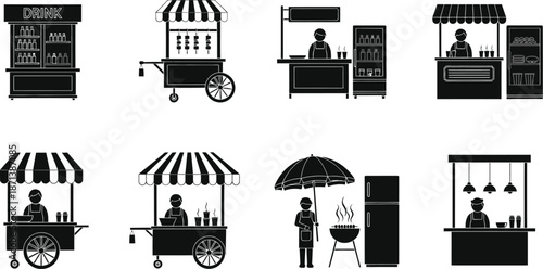 Market carts, food stalls, and vendor kiosks vector illustration. Counter street food and market stalls silhouette icons. 