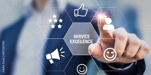 Service Excellence Touch: A businessman's finger interacts with a digital interface highlighting the essence of service excellence, with associated icons of quality and customer satisfaction. 