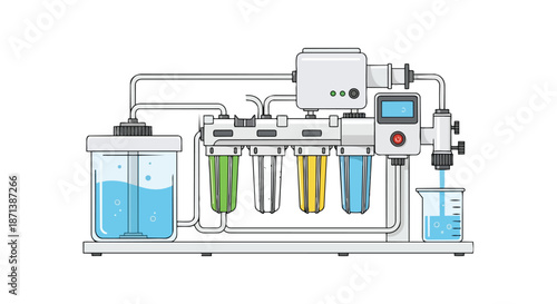 Water purification system illustration with multiple filter cartridges and clean water output