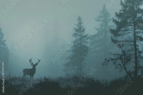 Deer in Foggy Forest with Copy Space for Nature and Wildlife Background