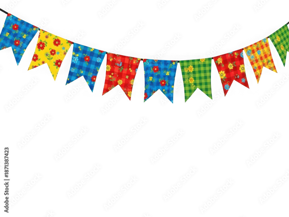 Obraz premium Colorful party bunting flags with floral and plaid patterns isolated on transparent background