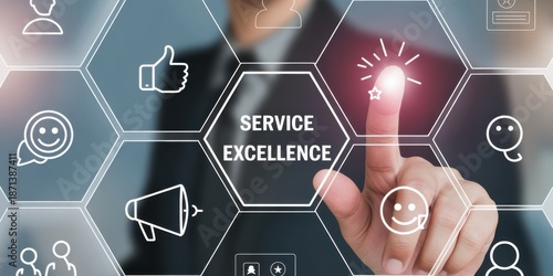 Service Excellence in Business: A close-up shot of a person's finger pointing towards the words Service Excellence, symbolizing the core values of customer care.