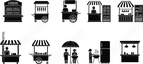 Market carts, food stalls, and vendor kiosks vector illustration. Counter street food and market stalls silhouette icons. 