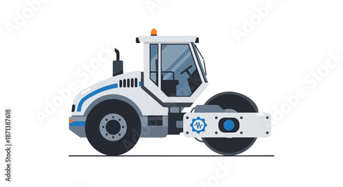 Flat design illustration of a road roller compactor, heavy construction vehicle for asphalt and roadwork