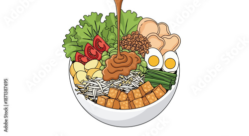 Traditional Indonesian Gado-Gado salad with peanut sauce, fresh vegetables, tofu, and boiled eggs in a bowl