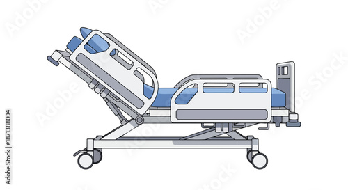 hospital bed on wheeled gurney with tilted head illustration