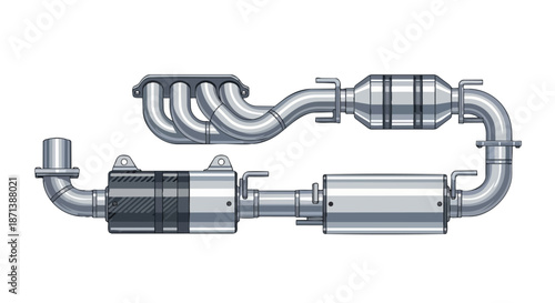 Automotive exhaust system with catalytic converter and muffler illustration