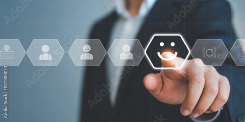 Customer Satisfaction and Experience: A person's hand touches an interface displaying a smiley face, emphasizing customer satisfaction and user experience.