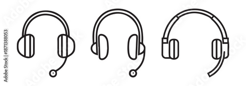 Headset with Boom Microphone Line Icon Set for Communication, Support, and Audio Design