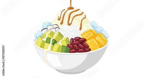 Delicious Halo-Halo dessert with shaved ice, ice cream, fruits, and beans in a white bowl