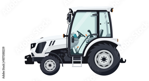 Modern white agricultural tractor isolated on a clean background, farm machinery side view