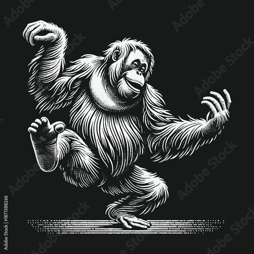 Orangutan in Motion: A Detailed Black and White Illustration.