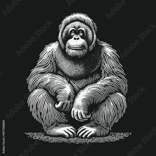 Detailed Orangutan Illustration: A Striking Wildlife Portrait in Black and White.