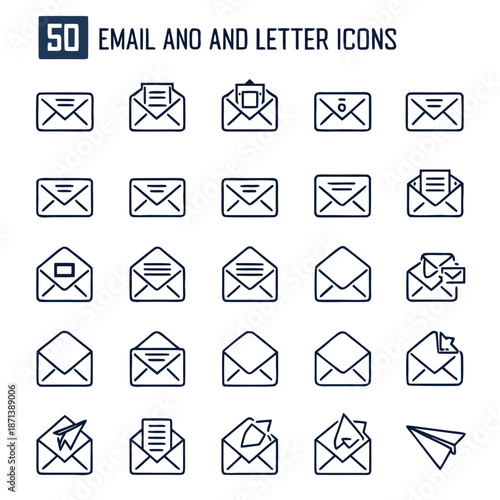 Email Web Icon Set in Line Style. Collection of E-mail and Letter Linear Icons, Including mail, envelope, email, postal, letter sent, inbox, new mail, reply and forward mail and more. Editable Stroke 
