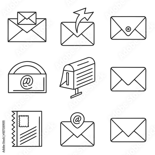 Email Web Icon Set in Line Style. Collection of E-mail and Letter Linear Icons, Including mail, envelope, email, postal, letter sent, inbox, new mail, reply and forward mail and more. Editable Stroke 