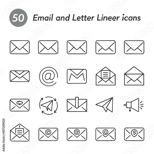 Email Web Icon Set in Line Style. Collection of E-mail and Letter Linear Icons, Including mail, envelope, email, postal, letter sent, inbox, new mail, reply and forward mail and more. Editable Stroke 