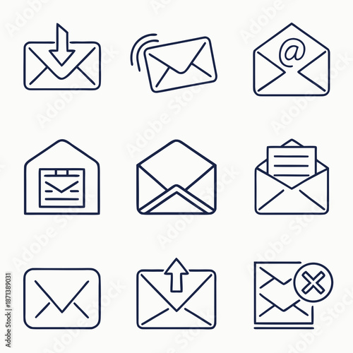 Email Web Icon Set in Line Style. Collection of E-mail and Letter Linear Icons, Including mail, envelope, email, postal, letter sent, inbox, new mail, reply and forward mail and more. Editable Stroke 