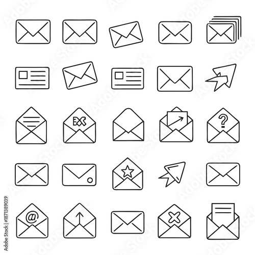 Email Web Icon Set in Line Style. Collection of E-mail and Letter Linear Icons, Including mail, envelope, email, postal, letter sent, inbox, new mail, reply and forward mail and more. Editable Stroke 