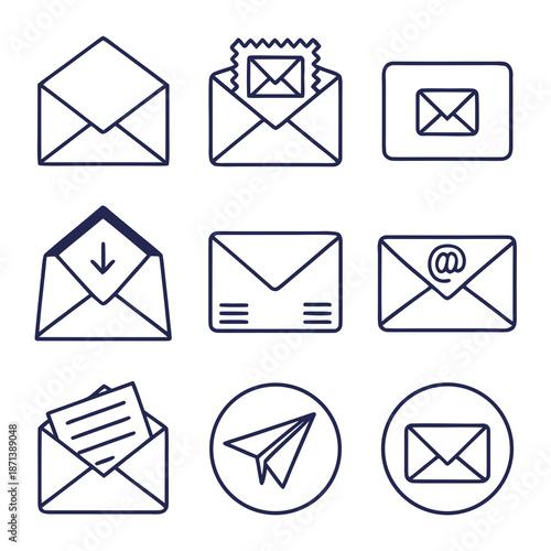 Email Web Icon Set in Line Style. Collection of E-mail and Letter Linear Icons, Including mail, envelope, email, postal, letter sent, inbox, new mail, reply and forward mail and more. Editable Stroke 