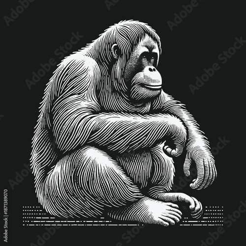 Engraved Orangutan Illustration: A Detailed Study of Wildlife.