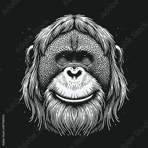Detailed Orangutan Portrait: A Striking Black and White Illustration.