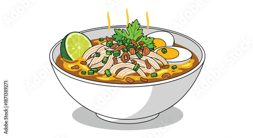 bowl of noodle soup with lime, egg, cilantro and green onions