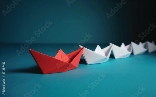 red paper boat leading white boats on blue surface