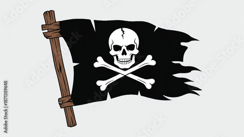 Jolly Roger pirate flag with skull and crossbones on wooden pole