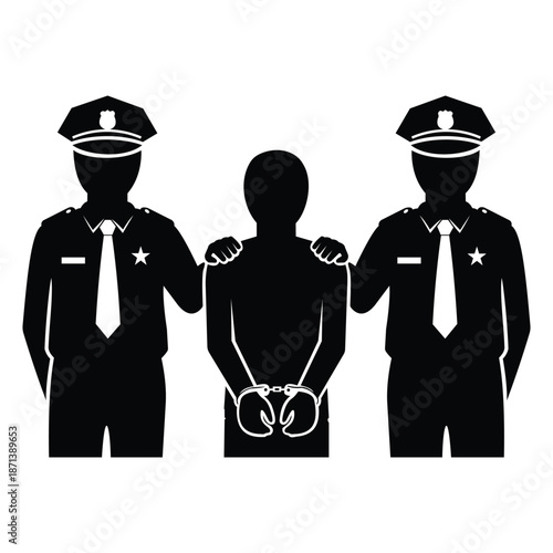 Two police officers standing on either side of a handcuffed person in a silhouette illustration