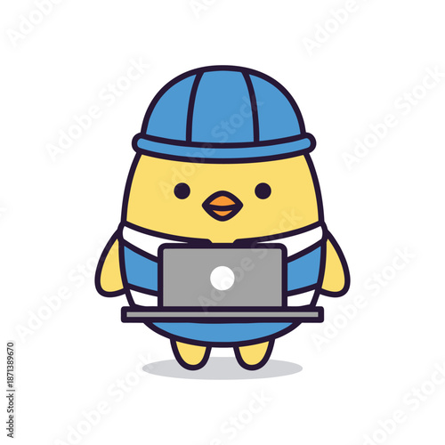 Cartoon Chick Using Laptop Computer Illustration
