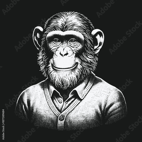 Chimpanzee in Cardigan: A Unique Anthropomorphic Animal Portrait.