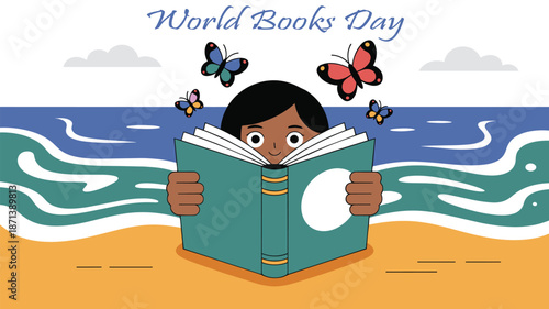 Child immersed in reading on a sunny beach for World Books Day