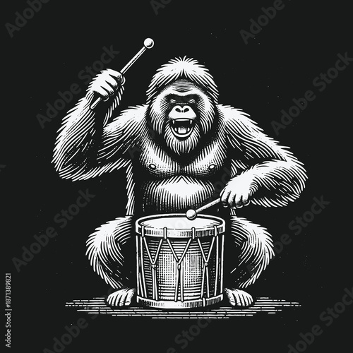 A determined gorilla intensely playing a drum with drumsticks showcasing musical talent.