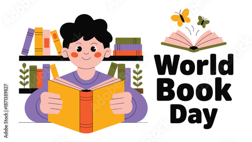 Happy child reading book on World Book Day with bookshelf