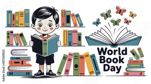 Happy child reading book on World Book Day with colorful books