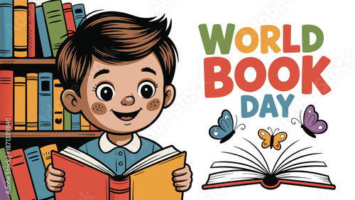 Happy child reading book on World Book Day with colorful background