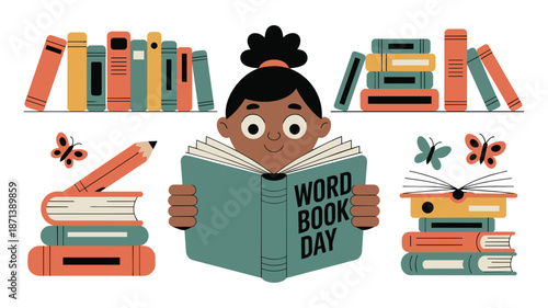 Child happily reading book on World Book Day surrounded by colorful books