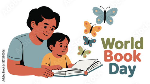 Father reading with son on World Book Day surrounded by butterflies