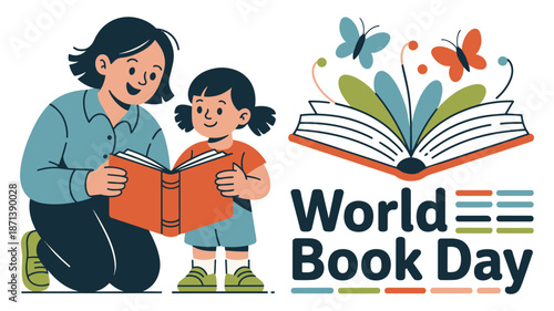 Mother and child enjoying World Book Day with colorful illustration