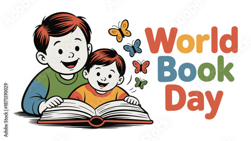Happy children reading book on World Book Day with butterflies