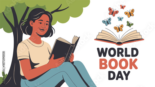 Woman reading book under tree on World Book Day with butterflies