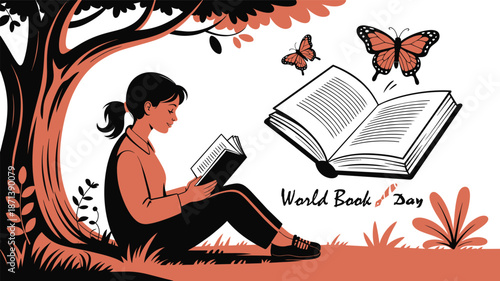 Woman reading book under tree on World Book Day with butterflies