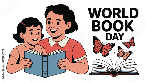 Happy mother and daughter reading book on World Book Day
