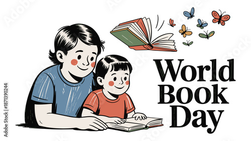 Heartwarming scene of a man reading with a young boy on World Book Day