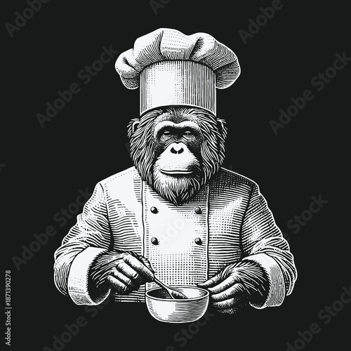 Orangutan Chef: A Detailed Engraving of Culinary Artistry.
