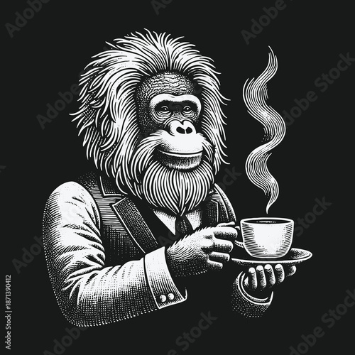 Orangutan in a suit enjoying a cup of coffee.